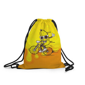 Рюкзак-мешок 3D с принтом Банан на велосипеде , 100% полиэстер | плотность ткани — 200 г/м2, размер — 35 х 45 см; лямки — толстые шнурки, застежка на шнуровке, без карманов и подкладки | байк | банан | бананчик | велик | велосипед | живой банан | спорт