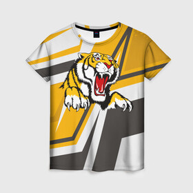 Женская футболка 3D с принтом Тигр , 100% полиэфир ( синтетическое хлопкоподобное полотно) | прямой крой, круглый вырез горловины, длина до линии бедер | дыра | дырка | крупная кошка | разрывает | тигр | тигрица
