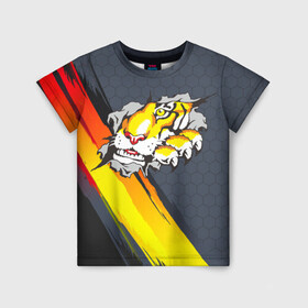 Детская футболка 3D с принтом Тигр разрывает изнутри , 100% гипоаллергенный полиэфир | прямой крой, круглый вырез горловины, длина до линии бедер, чуть спущенное плечо, ткань немного тянется | дыра | дырка | крупная кошка | разрывает | тигр | тигрица
