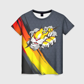 Женская футболка 3D с принтом Тигр разрывает изнутри , 100% полиэфир ( синтетическое хлопкоподобное полотно) | прямой крой, круглый вырез горловины, длина до линии бедер | дыра | дырка | крупная кошка | разрывает | тигр | тигрица