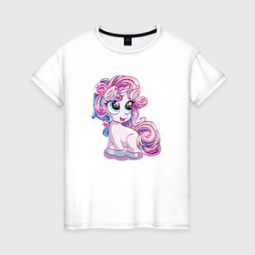 Женская футболка хлопок с принтом Маленький розовый единорог , 100% хлопок | прямой крой, круглый вырез горловины, длина до линии бедер, слегка спущенное плечо | horse | kawaii | unikorn | единорог | единорожка | конь | лошадь | пони | радуга | рог | цветной