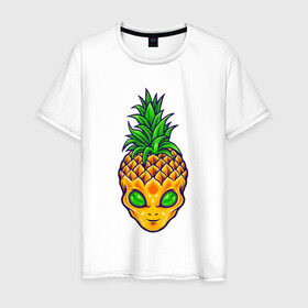 Мужская футболка хлопок с принтом Ананас инопланетянин , 100% хлопок | прямой крой, круглый вырез горловины, длина до линии бедер, слегка спущенное плечо. | a pineapple | alien | tegunvteg | ананас | инопланетянин | нло | пришелец | сюрреализм
