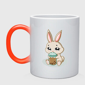 Кружка хамелеон с принтом Зайчик пьет коктейль , керамика | меняет цвет при нагревании, емкость 330 мл | Тематика изображения на принте: bunny | usagi | животное | зайка | зайчик | заяц | кролик | кроля | орнамент | уши