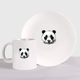 Набор: тарелка + кружка с принтом Голова панды , керамика | Кружка: объем — 330 мл, диаметр — 80 мм. Принт наносится на бока кружки, можно сделать два разных изображения. 
Тарелка: диаметр - 210 мм, диаметр для нанесения принта - 120 мм. | panda | животное | медведи | медведь | мишки | панда | панды