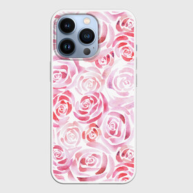 Чехол для iPhone 13 Pro с принтом Розовые розы ,  |  | Тематика изображения на принте: botanic | flower | pink | rose | summer | watercolor | акварель | акварельный | белый | ботаника | весна | летний | лето | нежный | пастельный | розовый | розы | цветочный | цветы