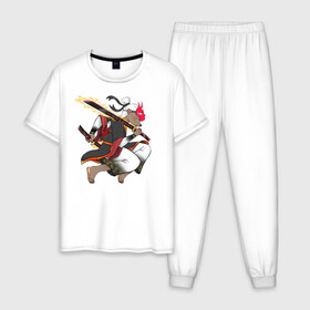 Мужская пижама хлопок с принтом Honey badger samurai , 100% хлопок | брюки и футболка прямого кроя, без карманов, на брюках мягкая резинка на поясе и по низу штанин
 | барсук | зверь | иллюстрация | китай | медоед | самурай