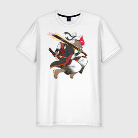 Мужская футболка хлопок Slim с принтом Honey badger samurai , 92% хлопок, 8% лайкра | приталенный силуэт, круглый вырез ворота, длина до линии бедра, короткий рукав | барсук | зверь | иллюстрация | китай | медоед | самурай