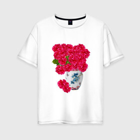 Женская футболка хлопок Oversize с принтом ваза с красными пионами , 100% хлопок | свободный крой, круглый ворот, спущенный рукав, длина до линии бедер
 | ваза | иллюстрации | картинки | пионы | популярные | тренды | фарфор | цветы