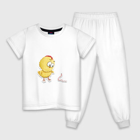Детская пижама хлопок с принтом Цыпа , 100% хлопок |  брюки и футболка прямого кроя, без карманов, на брюках мягкая резинка на поясе и по низу штанин
 | Тематика изображения на принте: детский | детям | желтый | лето | малыш | прикол | розовый | цыпленок | червяк | юмор