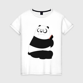Женская футболка хлопок с принтом Возмущенная панда , 100% хлопок | прямой крой, круглый вырез горловины, длина до линии бедер, слегка спущенное плечо | белый медведь | возмущение | животное | зависимость | медведь | панда | телефон