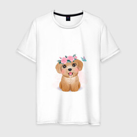 Мужская футболка хлопок с принтом Пудель и цветы , 100% хлопок | прямой крой, круглый вырез горловины, длина до линии бедер, слегка спущенное плечо. | cute | dog | poodle | woof | гав | забавный | пес | песель | песик | пудель | смешной | собака | собачка | щенок
