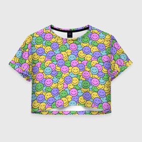 Женская футболка Crop-top 3D с принтом Смайлики , 100% полиэстер | круглая горловина, длина футболки до линии талии, рукава с отворотами | emoji | emoticons | smile | знак | колобок | позитив | рожица | символ | смайл | смайлики | улыбка | эмодзи