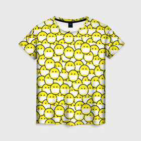 Женская футболка 3D с принтом Смайлики в Масках , 100% полиэфир ( синтетическое хлопкоподобное полотно) | прямой крой, круглый вырез горловины, длина до линии бедер | emoji | emoticons | smile | знак | колобок | позитив | рожица | символ | смайл | смайлики | улыбка | эмодзи