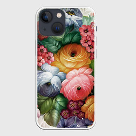 Чехол для iPhone 13 mini с принтом Розы на белом ,  |  | букет | декоративная роспись | живопись | жостово | жостовская роспись | розы | цветы