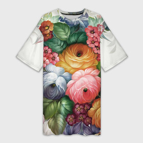 Платье-футболка 3D с принтом Розы на белом ,  |  | Тематика изображения на принте: букет | декоративная роспись | живопись | жостово | жостовская роспись | розы | цветы