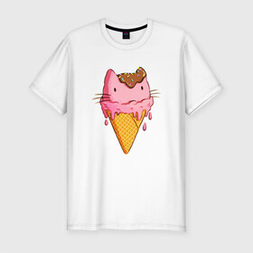 Мужская футболка хлопок Slim с принтом Cat Ice Cream , 92% хлопок, 8% лайкра | приталенный силуэт, круглый вырез ворота, длина до линии бедра, короткий рукав | animal | cat | cute | ice cream | kitty | meow | друг | еда | животные | киска | кися | китти | кот | котенок | котик | котэ | кошечка | кошка | мороженое | мур | мяу | питомец