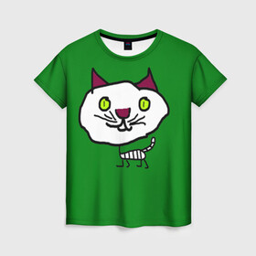 Женская футболка 3D с принтом Странный котик , 100% полиэфир ( синтетическое хлопкоподобное полотно) | прямой крой, круглый вырез горловины, длина до линии бедер | cat | cats | childrens drawings | humor | jokes | oddities | детские рисунки | кот | котики | коты | кошка | кошки | приколы | странности | юмор