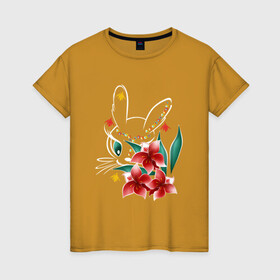 Женская футболка хлопок с принтом Летняя зайка на темное , 100% хлопок | прямой крой, круглый вырез горловины, длина до линии бедер, слегка спущенное плечо | зайка. зайчик | зая | летний. | пушистики | цветочки
