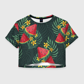 Женская футболка Crop-top 3D с принтом Арзуб и папоротник , 100% полиэстер | круглая горловина, длина футболки до линии талии, рукава с отворотами | арбуз | арт | иллюстрация | папоротник | цветок | ягода