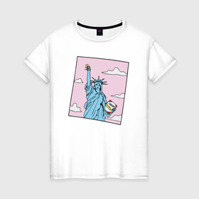 Женская футболка хлопок с принтом Liberty Pizza , 100% хлопок | прямой крой, круглый вырез горловины, длина до линии бедер, слегка спущенное плечо | еда | пицца | прикол | статуя свободы | сша | фастфуд | юмор