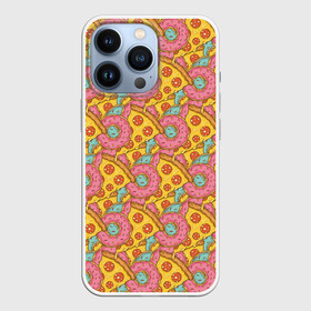 Чехол для iPhone 13 Pro с принтом Пицца и пончики ,  |  | background | cheese | donuts | food | pattern | pizza | sausage | texture | еда | колбаса | паттерн | пицца | пончики | сыр | текстура | фон