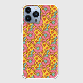 Чехол для iPhone 13 Pro Max с принтом Пицца и пончики ,  |  | background | cheese | donuts | food | pattern | pizza | sausage | texture | еда | колбаса | паттерн | пицца | пончики | сыр | текстура | фон