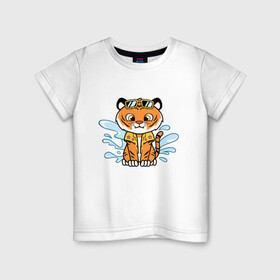 Детская футболка хлопок с принтом Тигренок на отдыхе , 100% хлопок | круглый вырез горловины, полуприлегающий силуэт, длина до линии бедер | Тематика изображения на принте: tiger | брызги воды | вода | животное | зверь | очки | тигр | тигренок | хищник