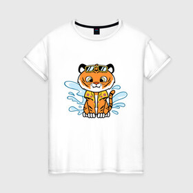 Женская футболка хлопок с принтом Тигренок на отдыхе , 100% хлопок | прямой крой, круглый вырез горловины, длина до линии бедер, слегка спущенное плечо | tiger | брызги воды | вода | животное | зверь | очки | тигр | тигренок | хищник