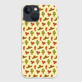 Чехол для iPhone 13 mini с принтом Мексиканский фон ,  |  | Тематика изображения на принте: background | cactus | hat | maracas | mexican background | mexico | pattern | pepper | sombrero | texture | кактус | маракасы | мексика | мексиканский фон | паттерн | перец | сомбреро | текстура | фон | шляпа