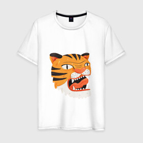 Мужская футболка хлопок с принтом Mad tiger , 100% хлопок | прямой крой, круглый вырез горловины, длина до линии бедер, слегка спущенное плечо. | Тематика изображения на принте: берсерк | злось | пантера | показывать язык | тигр