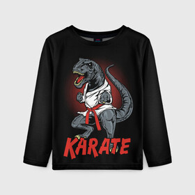 Детский лонгслив 3D с принтом KARATE T-REX , 100% полиэстер | длинные рукава, круглый вырез горловины, полуприлегающий силуэт
 | animal | dinosaur | fight | fighter | hunter | karate | red | sport | strong | t rex | боец | бои | динозавр | карате | сила | спорт | тиранозавр | хищник