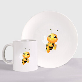 Набор: тарелка + кружка с принтом Милая пчелка , керамика | Кружка: объем — 330 мл, диаметр — 80 мм. Принт наносится на бока кружки, можно сделать два разных изображения. 
Тарелка: диаметр - 210 мм, диаметр для нанесения принта - 120 мм. | здоровье | мед | насекомые | природа | пчела | пчелка | пчелы