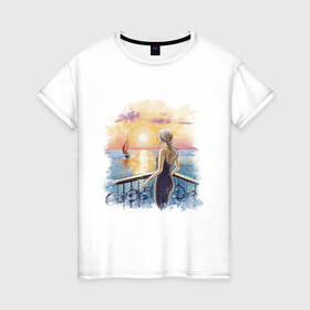 Женская футболка хлопок с принтом Девушка и море , 100% хлопок | прямой крой, круглый вырез горловины, длина до линии бедер, слегка спущенное плечо | девушка | закат | лето | море | отдых | парусник