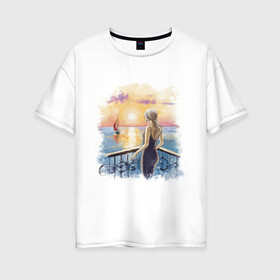 Женская футболка хлопок Oversize с принтом Девушка и море , 100% хлопок | свободный крой, круглый ворот, спущенный рукав, длина до линии бедер
 | девушка | закат | лето | море | отдых | парусник