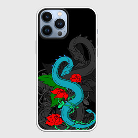 Чехол для iPhone 13 Pro Max с принтом Дракон и Розы ,  |  | Тематика изображения на принте: dragon | rose | дракон | животные | змея | монстр | природа | растения | розы | узор | цветы