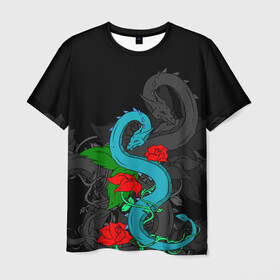 Мужская футболка 3D с принтом Дракон и Розы , 100% полиэфир | прямой крой, круглый вырез горловины, длина до линии бедер | dragon | rose | дракон | животные | змея | монстр | природа | растения | розы | узор | цветы
