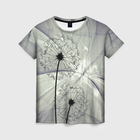 Женская футболка 3D с принтом Одуванчики , 100% полиэфир ( синтетическое хлопкоподобное полотно) | прямой крой, круглый вырез горловины, длина до линии бедер | Тематика изображения на принте: волны | мятое | одуванчик | одуванчики | пух | серый фон | цветок