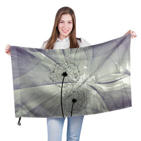 Флаг 3D с принтом Одуванчики , 100% полиэстер | плотность ткани — 95 г/м2, размер — 67 х 109 см. Принт наносится с одной стороны | Тематика изображения на принте: волны | мятое | одуванчик | одуванчики | пух | серый фон | цветок