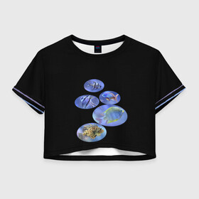 Женская футболка Crop-top 3D с принтом Море внутри , 100% полиэстер | круглая горловина, длина футболки до линии талии, рукава с отворотами | аквариум | из воды | море | риф | рыбки