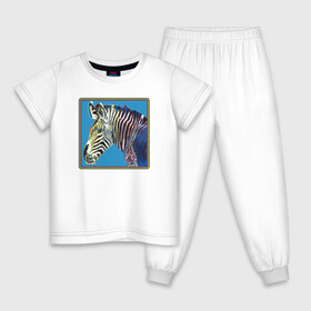 Детская пижама хлопок с принтом Зебра Энди Уорхол , 100% хлопок |  брюки и футболка прямого кроя, без карманов, на брюках мягкая резинка на поясе и по низу штанин
 | Тематика изображения на принте: andrew warholaа | andy warhol | art | artist | homo universale | horse | pop art | zebra | африка | животные | зебра | искусство | конь | лошадь | поп арт | саванна | современное искусство | старые картины | уорхол | художник