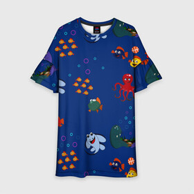 Детское платье 3D с принтом подводный мир , 100% полиэстер | прямой силуэт, чуть расширенный к низу. Круглая горловина, на рукавах — воланы | blue | children | fish | marine | ocean | акула | вода | детская иллюстрация | желтый | золотая рыбка | игры | красный | лето | море | морской | мультяшный | мяч | океан | осьминог | подводный | принт для детей | пузыри