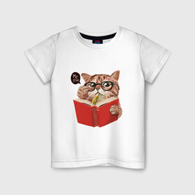 Детская футболка хлопок с принтом Умный кот , 100% хлопок | круглый вырез горловины, полуприлегающий силуэт, длина до линии бедер | карандаш | книга | кот | котик | кошка | мысли | очки | пушистый | рыжий | создания | умный | ученый | чтение