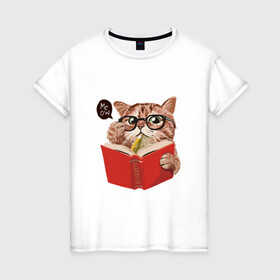 Женская футболка хлопок с принтом Умный кот , 100% хлопок | прямой крой, круглый вырез горловины, длина до линии бедер, слегка спущенное плечо | карандаш | книга | кот | котик | кошка | мысли | очки | пушистый | рыжий | создания | умный | ученый | чтение