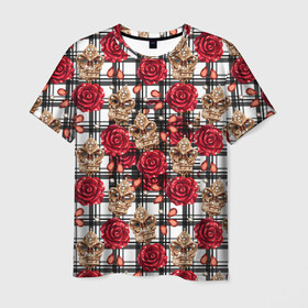 Мужская футболка 3D с принтом Розы в клеточку , 100% полиэфир | прямой крой, круглый вырез горловины, длина до линии бедер | Тематика изображения на принте: абстракция | паттерн | розы | текстуры | узоры | цветочки | цветы