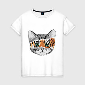 Женская футболка хлопок с принтом Тигровый гот , 100% хлопок | прямой крой, круглый вырез горловины, длина до линии бедер, слегка спущенное плечо | глаза усы | животные | звери | киса | кот | котик | пушистый | рыжий | серий | тигр | уши