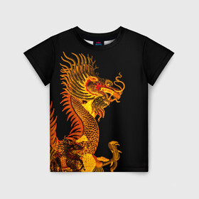 Детская футболка 3D с принтом Золотой китайский дракон , 100% гипоаллергенный полиэфир | прямой крой, круглый вырез горловины, длина до линии бедер, чуть спущенное плечо, ткань немного тянется | азиатский дракон | дракон | золотой | золотой азиатский дракон | золотой дракон | золотой китайский дракон | золотой японский дракон | китайский дракон | японский дракон