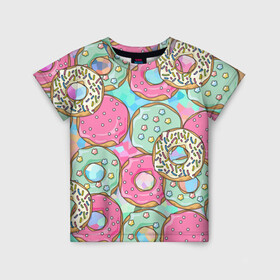 Детская футболка 3D с принтом РазНоцветные Пончики , 100% гипоаллергенный полиэфир | прямой крой, круглый вырез горловины, длина до линии бедер, чуть спущенное плечо, ткань немного тянется | Тематика изображения на принте: еда | звездочки | лето | пончики | разноцветные | сладости