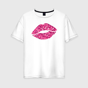 Женская футболка хлопок Oversize с принтом Сахарный поцелуй губ , 100% хлопок | свободный крой, круглый ворот, спущенный рукав, длина до линии бедер
 | блестки | блестящий | губки | губы | краски | отпечаток | поцелуй | розовый