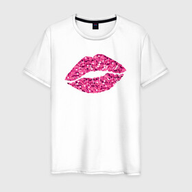 Мужская футболка хлопок с принтом Сахарный поцелуй губ , 100% хлопок | прямой крой, круглый вырез горловины, длина до линии бедер, слегка спущенное плечо. | блестки | блестящий | губки | губы | краски | отпечаток | поцелуй | розовый