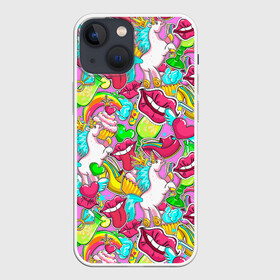 Чехол для iPhone 13 mini с принтом Губы фреш ,  |  | Тематика изображения на принте: губки | губы | единорог | зубы | коктейль | корона | краски | пирог | пирожное | поцелуй | радуга | разводы | розовый | сердце | сочный | туфли | улыбки | фрукты | цвет | цвета | язык
